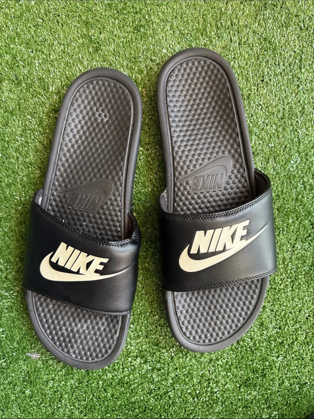 Nike Black Slides with Cream Swoosh